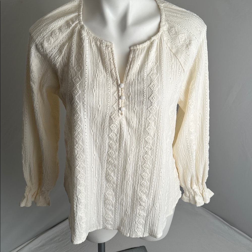 Frye Salt Breeze cream off-white split neck long sleeve peasant blouse - Picture 2 of 12
